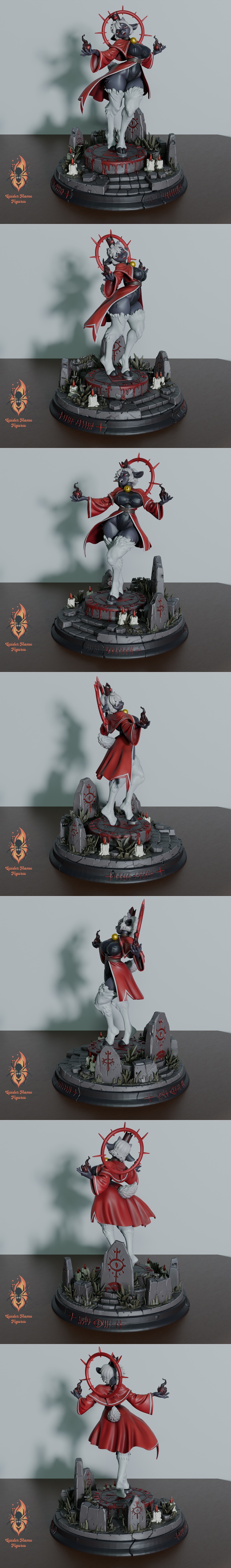 The Lamb from Cult of the Lamb fan art 3D model, standing on a diorama base with gravestones and candles, wearing a r...