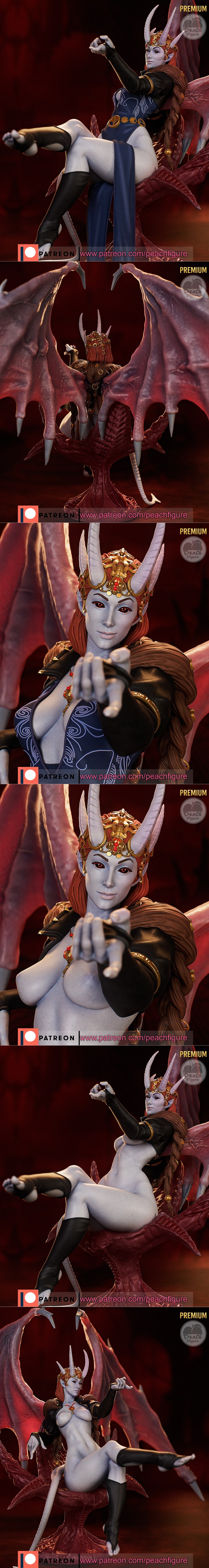 Demoness Mizora figure with blue skin, horns, and large red wings, seated on a throne, wearing a revealing dark outfi...
