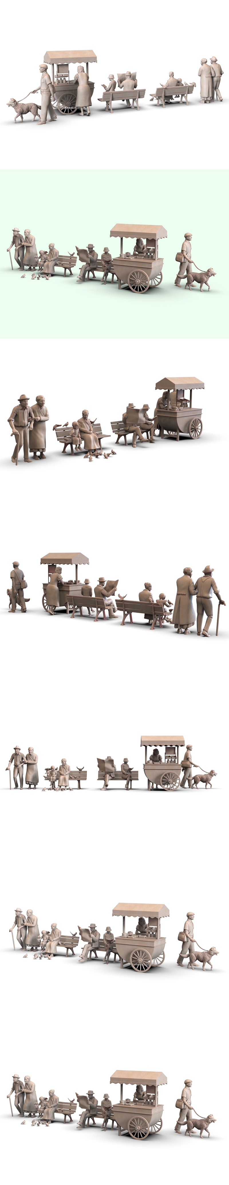 3D printable civilian street scene with multiple figures, a dog, a vendor cart, and benches. Figures include an elder...