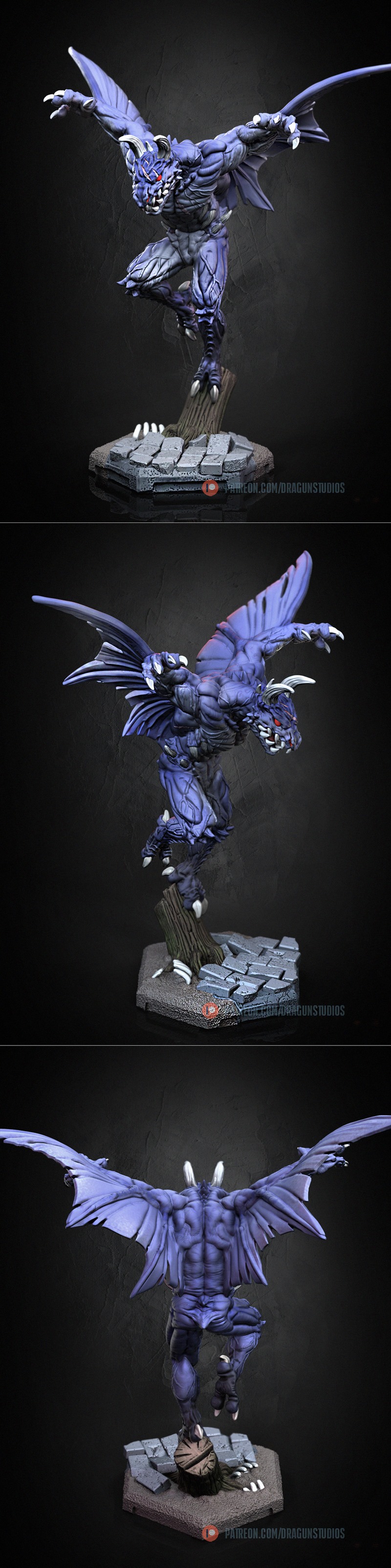 A blue, winged, reptilian monster with horns and red eyes, named Gaibon, in a dynamic pose on a stone base. 3D model...