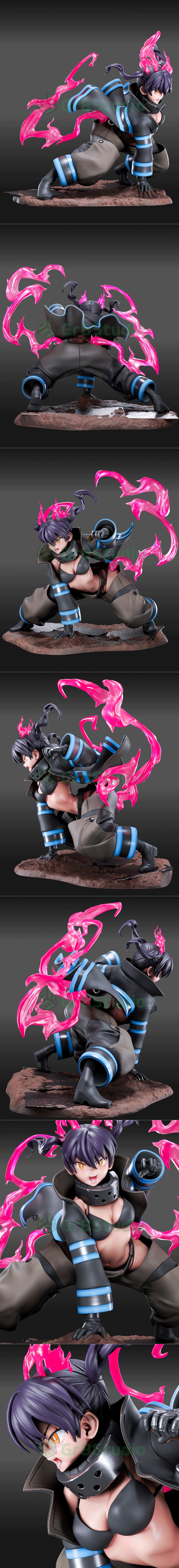 Tamaki Kotatsu figure in a low crouch, surrounded by pink flames. She wears a black bikini top, tactical pants with b...
