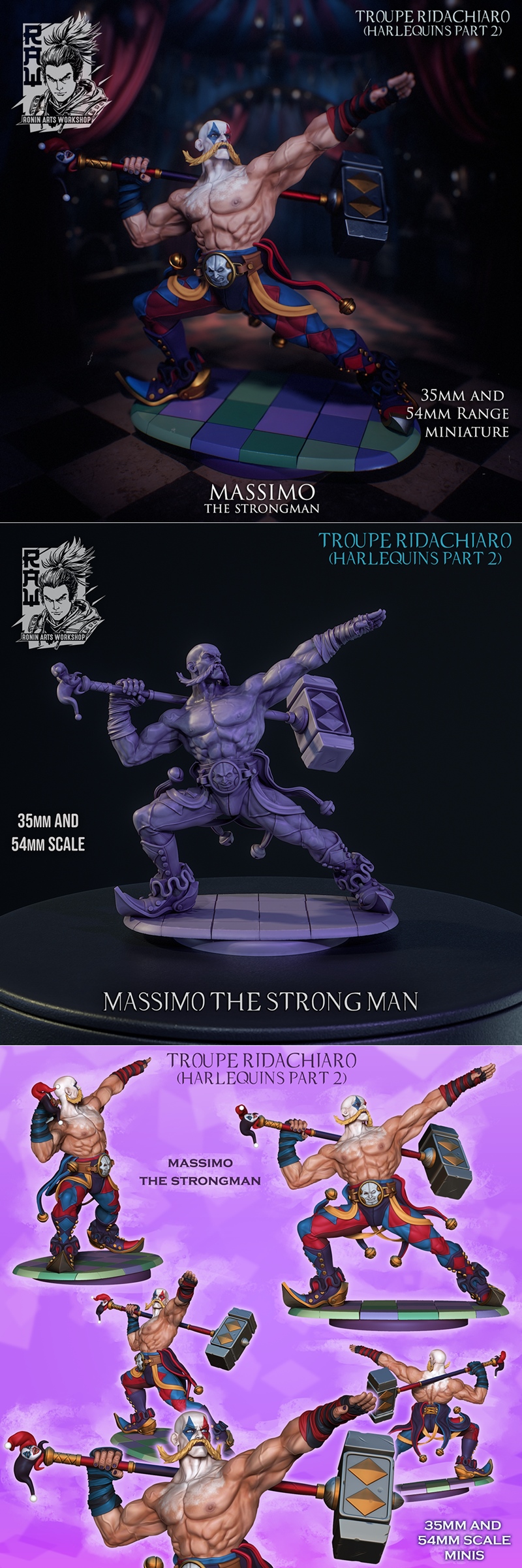 Massimo The Strongman 3D model, a muscular figure in harlequin costume, holding a large hammer, from Ronin Arts Works...