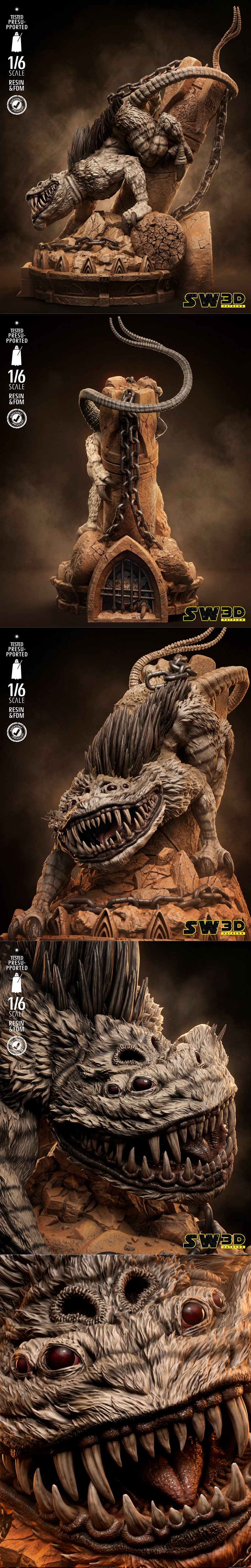 1/6 scale 3D model figure of a monstrous creature with multiple eyes, sharp teeth, horns, and a spiky mane, chained a...