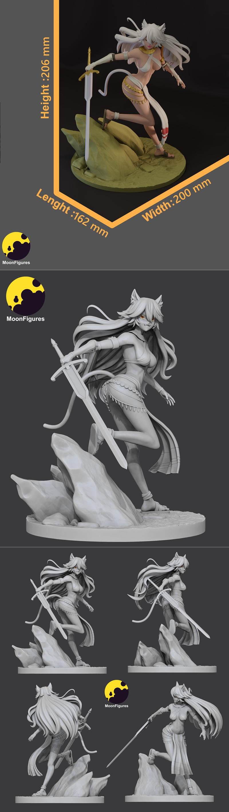 MoonFigures 3D model of Granart Needakitta, a cat-eared female character with white hair and a bikini, holding a swor...