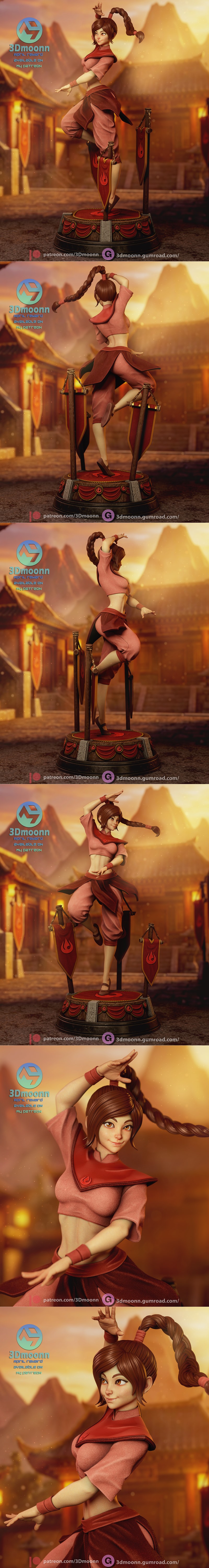 3Dmoonn Ty Lee figure from Avatar: The Last Airbender in a dynamic martial arts pose, wearing pink and red Fire Natio...