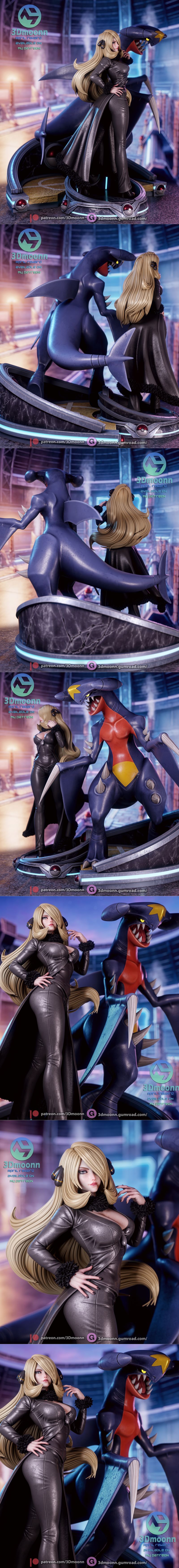 Cynthia and Garchomp 3D model figure, Cynthia in a long black coat with fur trim, Garchomp with red chest and sharp t...