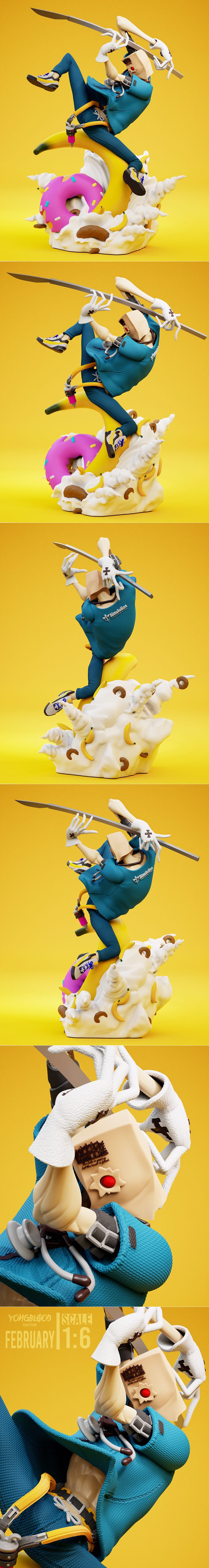 3D model of Guilty Gear's Faust character, balancing on a giant banana with a pink donut and cream base. Teal coat, b...
