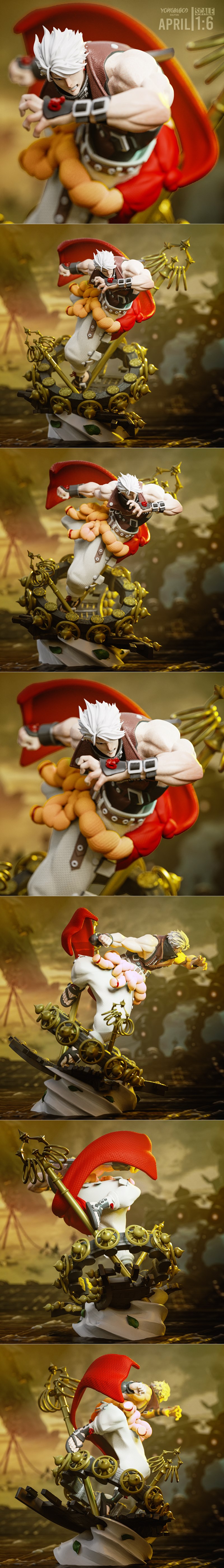 Chipp Zanuff from Guilty Gear in a dynamic combat pose, wearing a red cape and white pants, with golden ornate detail...