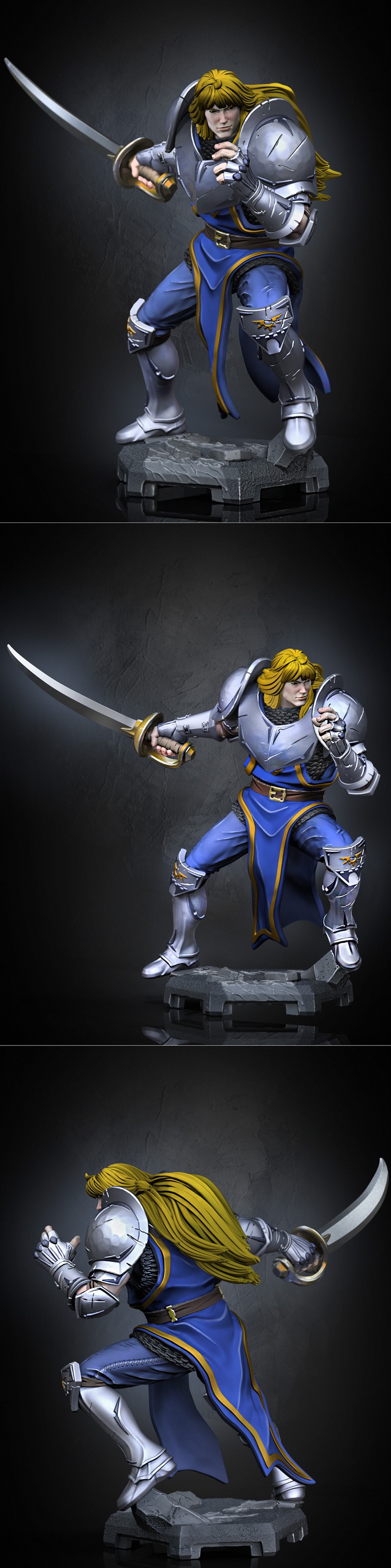 Two 3D printed figures of Lancelot v2, one painted and one unpainted, in dynamic combat poses with swords drawn. Both...