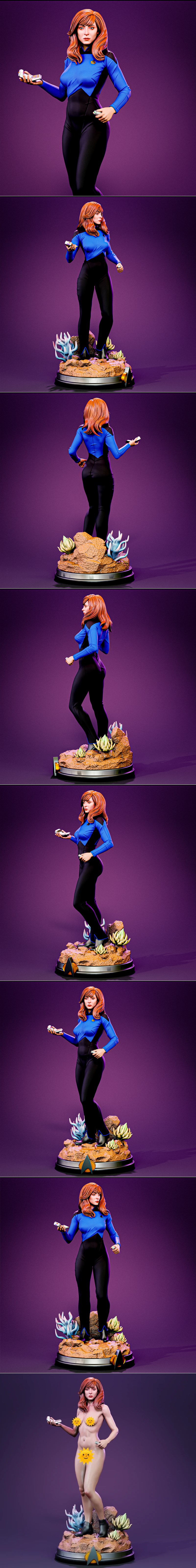 3D model of Beverly Crusher from Star Trek in a blue and black Starfleet uniform, holding a tricorder and communicato...