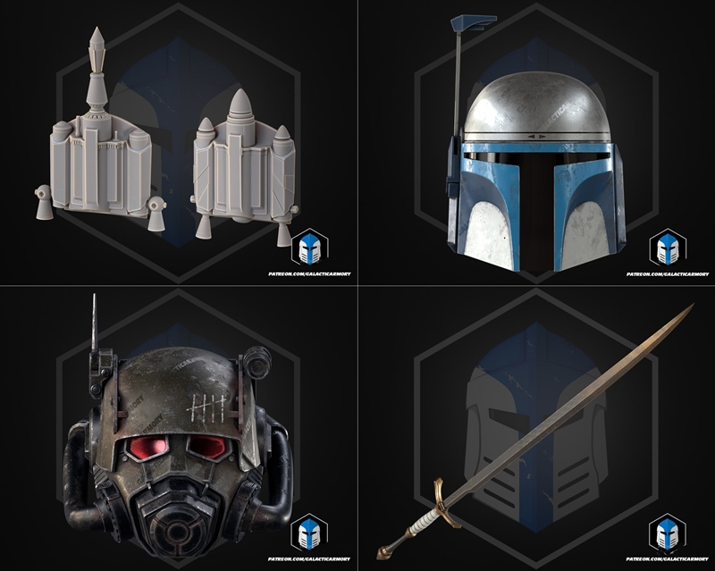 Collage of six 3D models: a white clone trooper, a stone mask, a white sci-fi helmet, a dark grey combat helmet, a de...