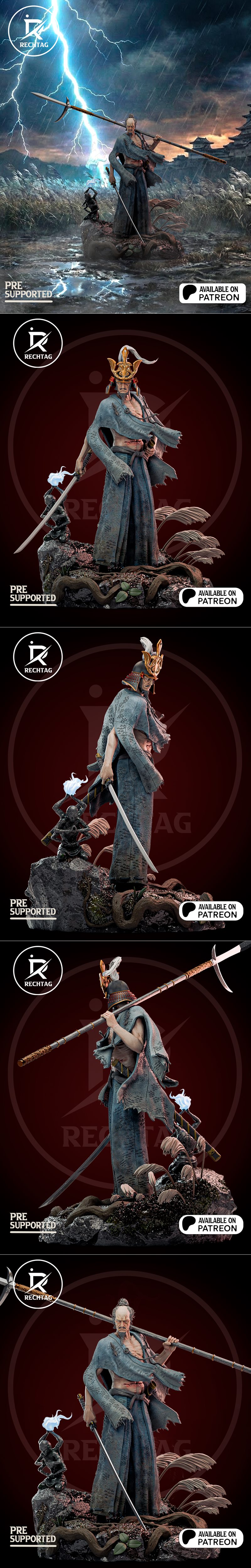 3D model of Isshin Ashina from Sekiro: Shadows Die Twice, standing with a sword during a lightning storm, with a Japa...