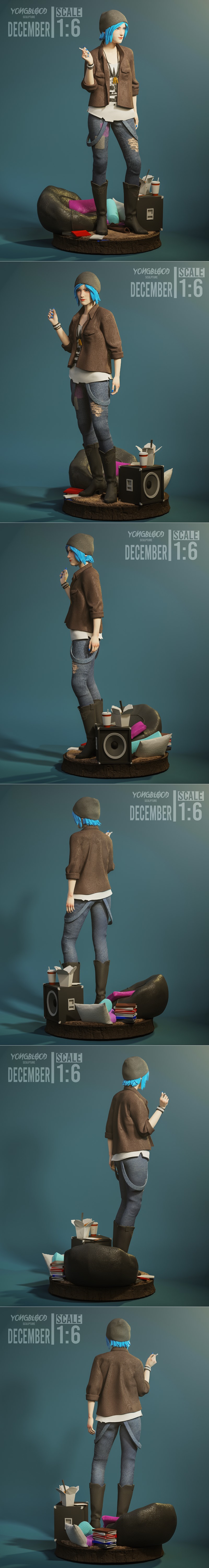 1:6 scale 3D model of Chloe Price from Life is Strange, wearing a blue beanie, brown jacket, and ripped jeans, holdin...