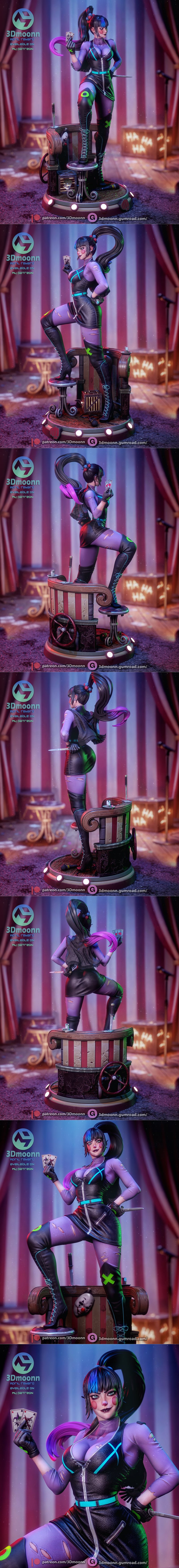 3Dmoonn Punchline figure with dual-colored hair, holding playing cards and a knife, wearing a ripped circus-themed ou...