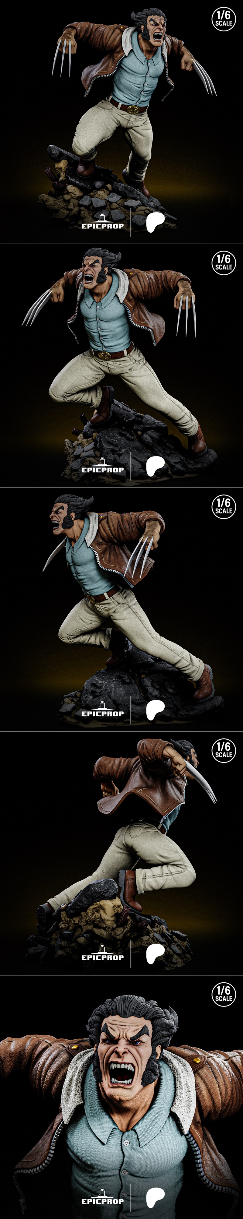 1/6 scale 3D print model of Logan from X-Men, roaring with adamantium claws extended, wearing a brown leather jacket...
