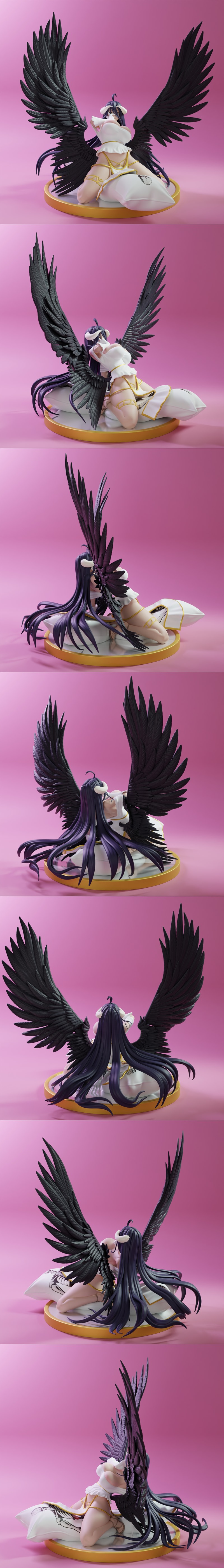 Albedo from Overlord kneeling on a pillow, wearing a white revealing outfit and large black wings, with a seductive e...