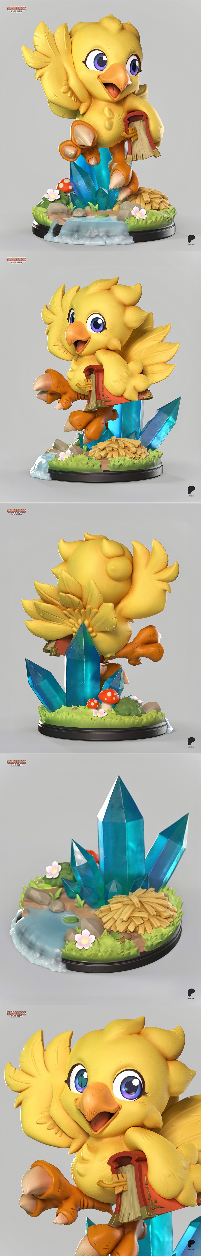 Chibi Chocobo figure by Tanuki Figures, standing on a base with blue crystals, water, flowers, and hay. The bird has...