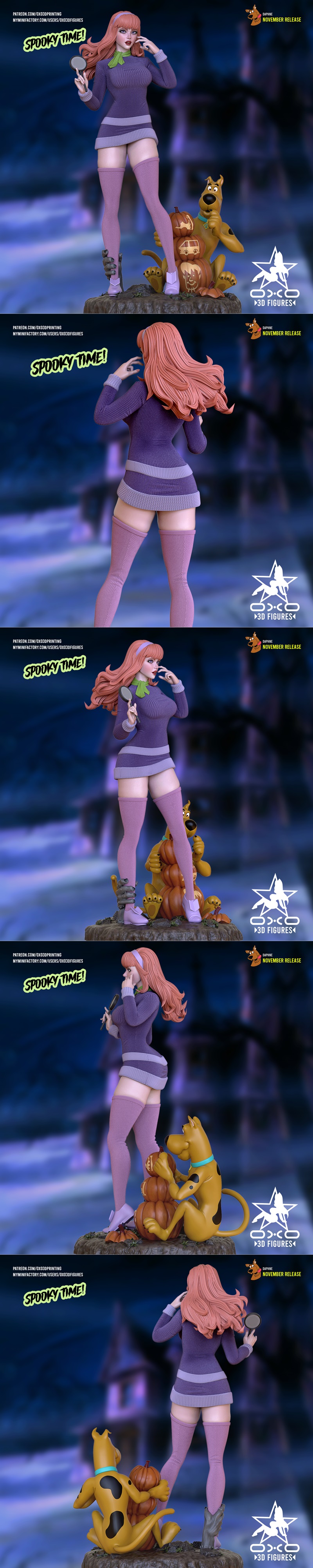 Daphne Blake 3D model by OXO3D, wearing a purple knitted dress and thigh-high socks, holding a magnifying glass. Anim...