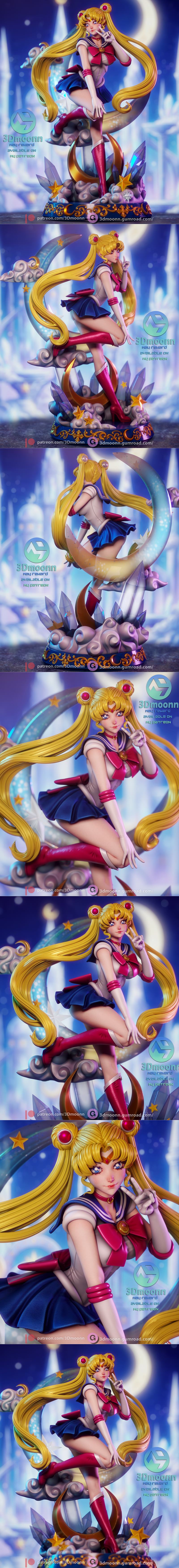 Sailor Moon figure in a dynamic pose, sitting on a crescent moon with clouds and crystals. She wears her iconic sailo...