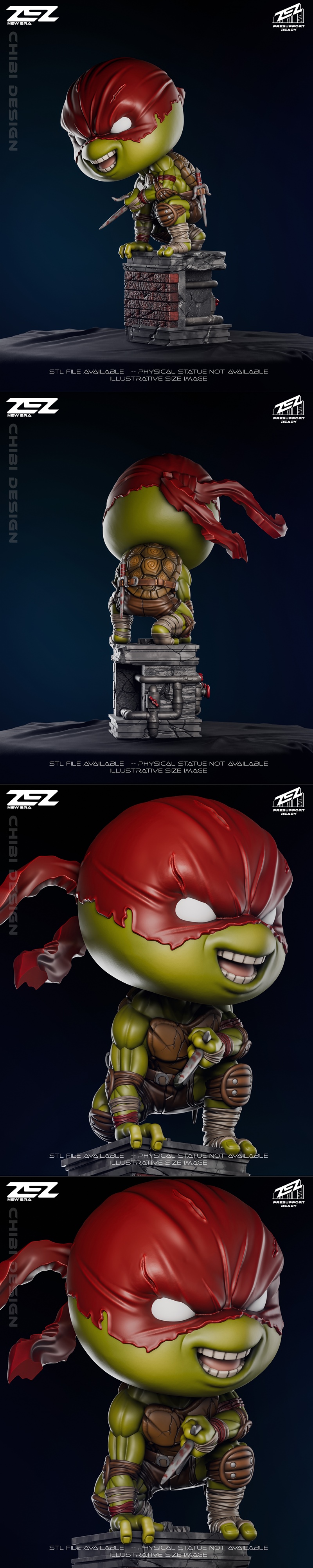 Chibi Raphael from Teenage Mutant Ninja Turtles crouching on a brick pedestal, holding sais. Red mask, green skin, an...