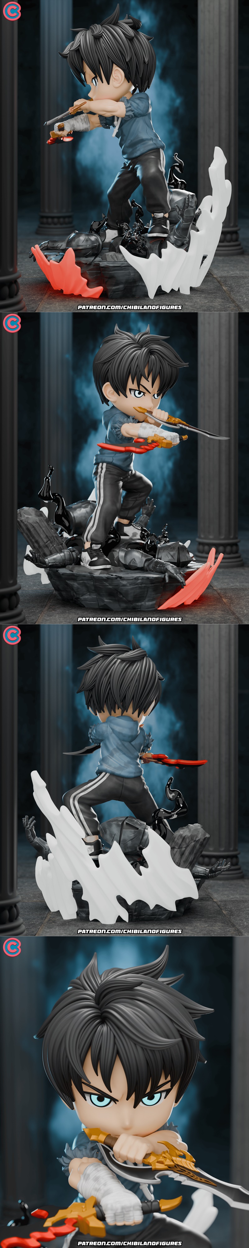 Chibi Sung Jin Woo figure from Solo Leveling, holding two swords, standing on a base of defeated foes. Chibi Land Fig...