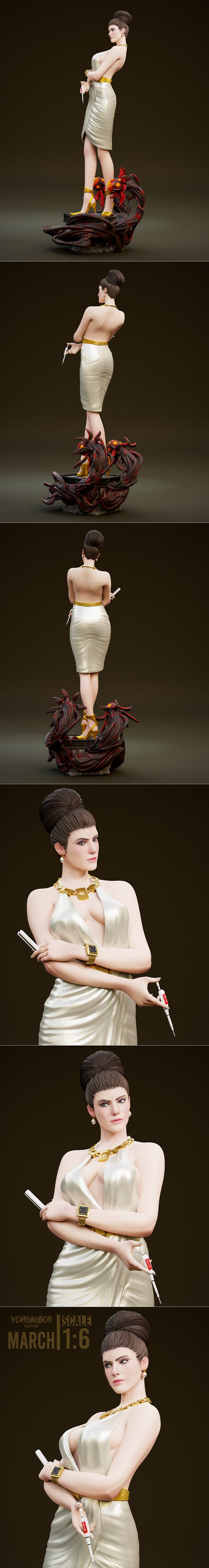 Excella Gionne from Resident Evil 5 figure by Yongblood Sculpture, 1:6 scale, wearing a white draped dress and yellow...