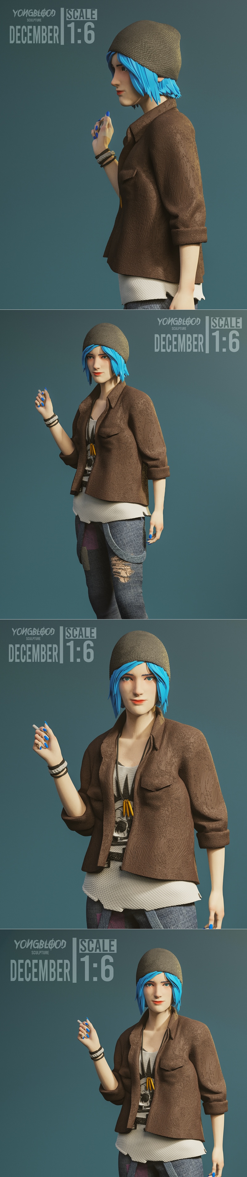 1:6 scale 3D model of Chloe Price from Life is Strange, wearing a blue beanie, brown jacket, and ripped jeans, holdin...