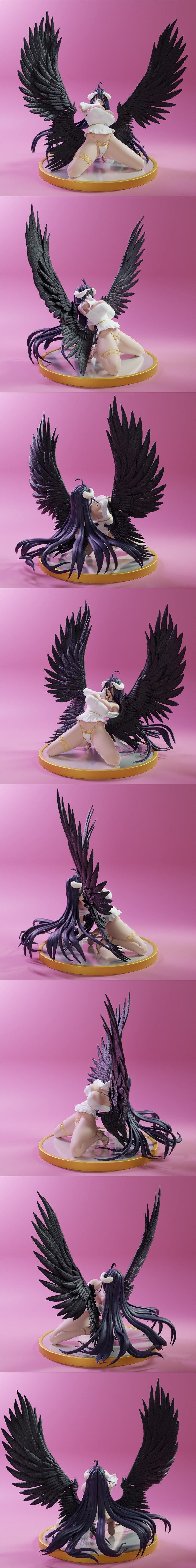 Albedo from Overlord kneeling on a pillow, wearing a white revealing outfit and large black wings, with a seductive e...