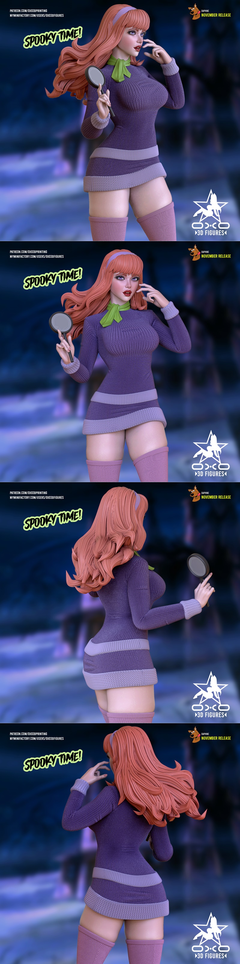 Daphne Blake 3D model by OXO3D, wearing a purple knitted dress and thigh-high socks, holding a magnifying glass. Anim...