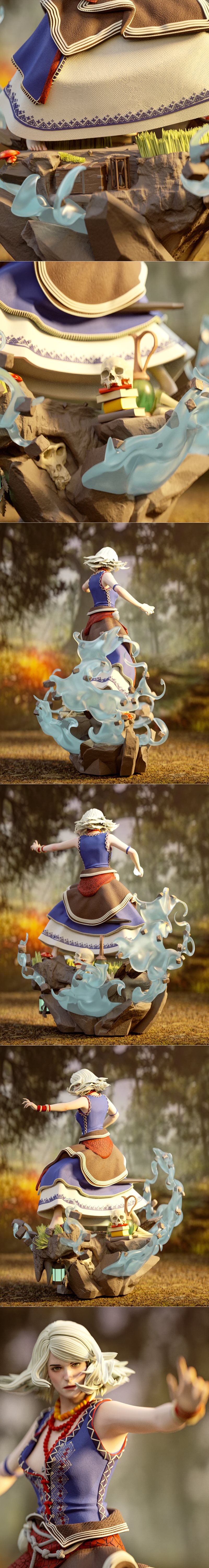 1:6 scale 3D print figure of Keira Metz from The Witcher, posed dynamically with a glowing orb, standing on a detaile...