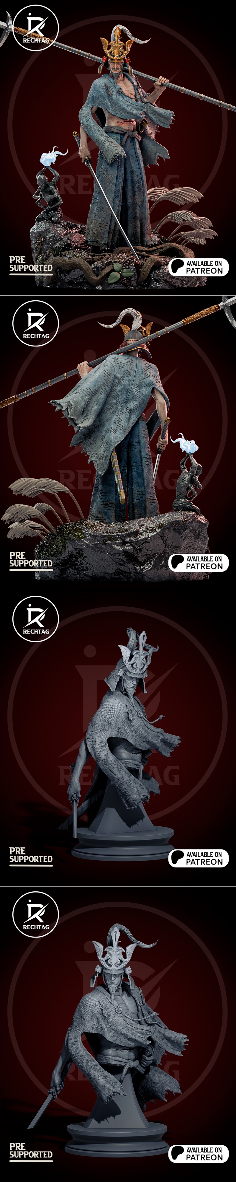 3D model of Isshin Ashina from Sekiro: Shadows Die Twice, standing with a sword during a lightning storm, with a Japa...