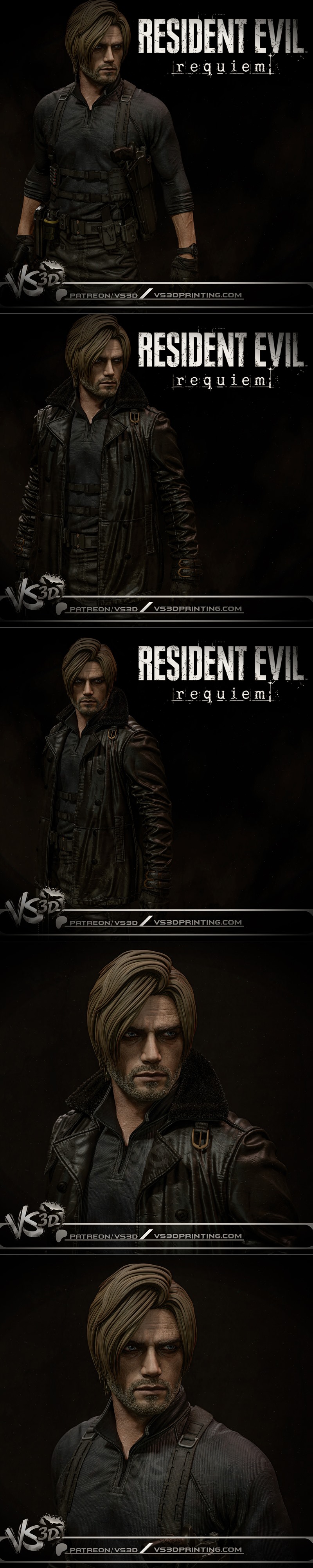 Leon S. Kennedy from Resident Evil, wearing a leather jacket and holding a gun, stands in a desolate, post-apocalypti...