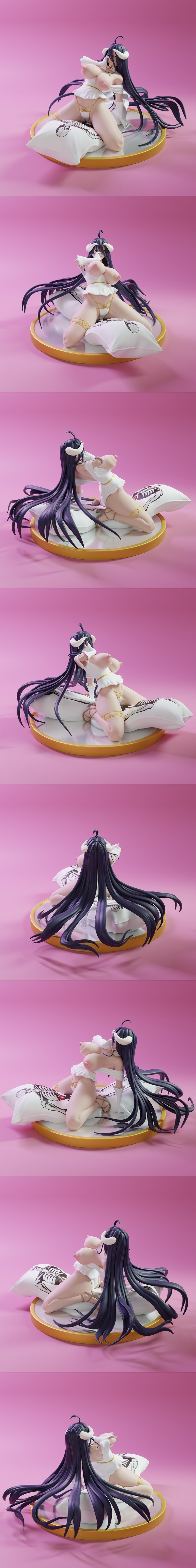 Albedo from Overlord kneeling on a pillow, wearing a white revealing outfit and large black wings, with a seductive e...