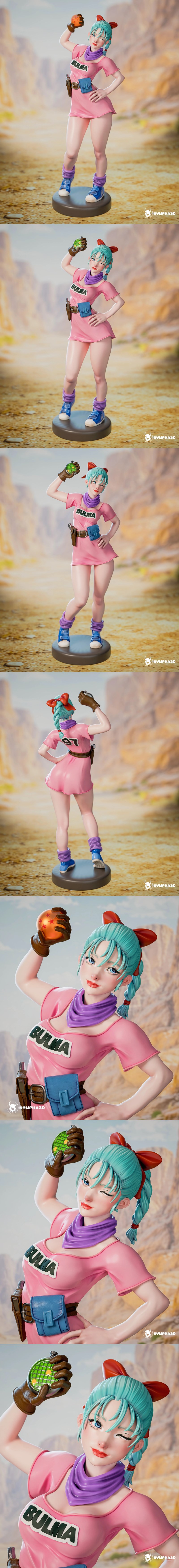 Bulma from Dragon Ball anime figure, wearing a pink dress and purple bandana, holding a Dragon Radar and winking. Inc...