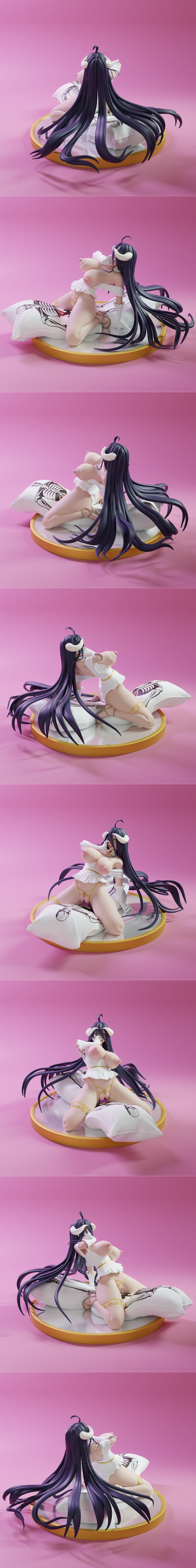 Albedo from Overlord kneeling on a pillow, wearing a white revealing outfit and large black wings, with a seductive e...