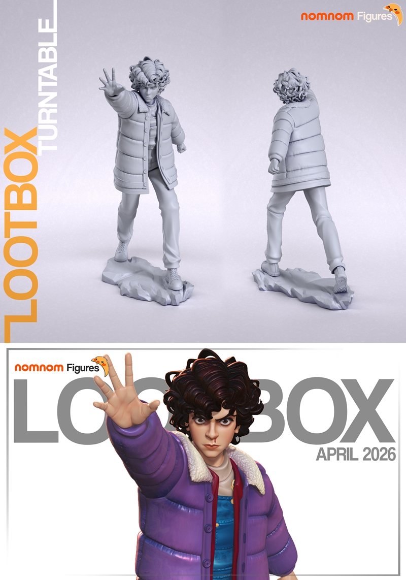 3D model figure of Eleven from Stranger Things, wearing a purple puffy jacket and blue overalls, with her hand outstr...