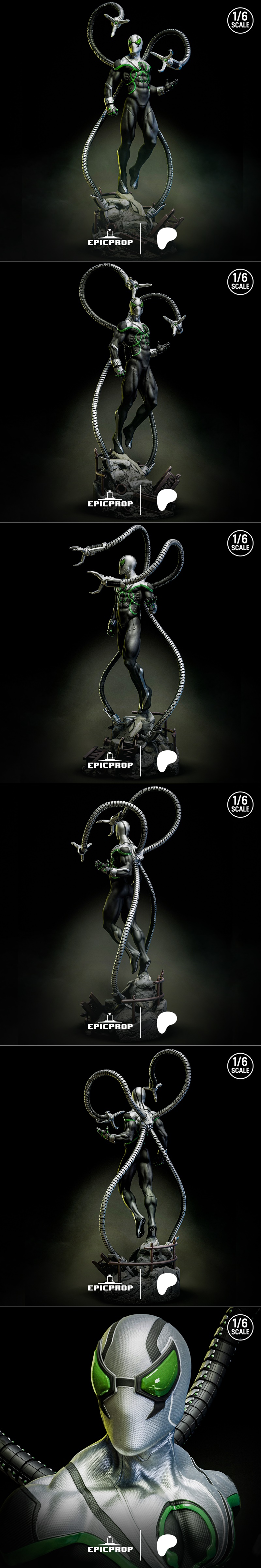 1/6 scale 3D model of Superior Octopus in a black and silver suit with green spider emblem and mechanical tentacles,...