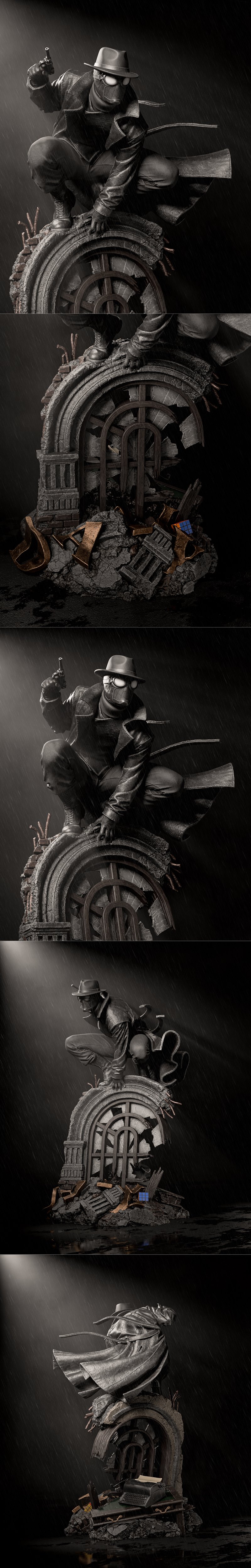 Spider-Noir crouches on a ruined stone base, holding a pistol, wearing a fedora and trench coat in the rain. Model by...