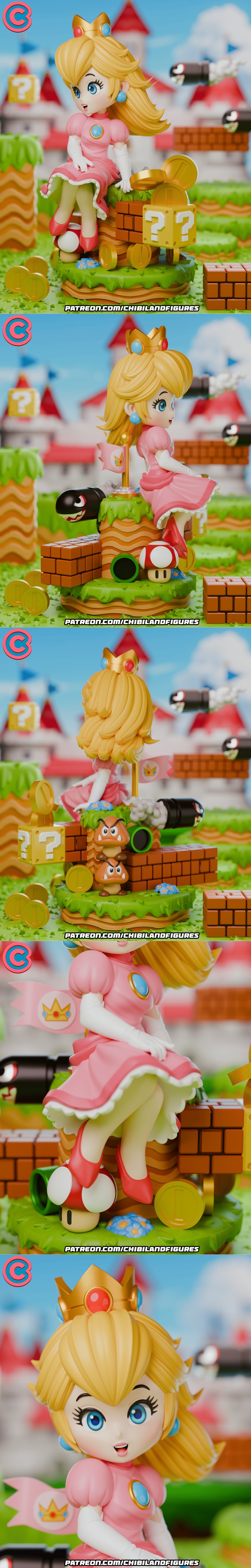 Chibi Princess Peach figure in pink dress and crown, sitting on a mushroom and brick platform with Super Mario game e...