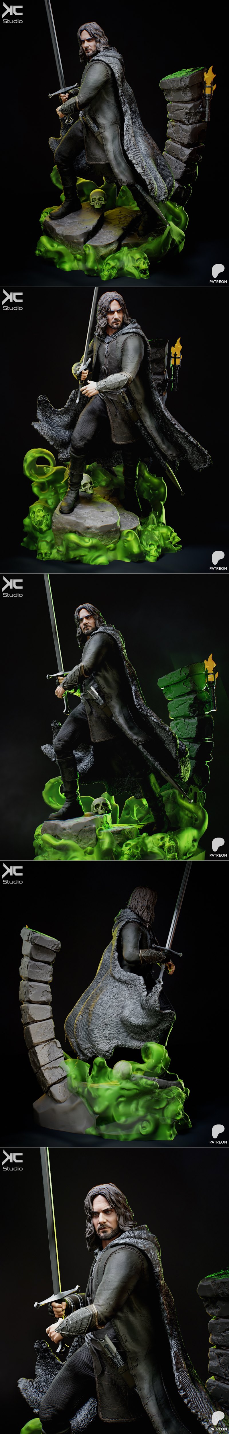 Aragorn figure from Lord of the Rings, holding a sword, wearing a dark cloak and armor, standing on a base with skull...