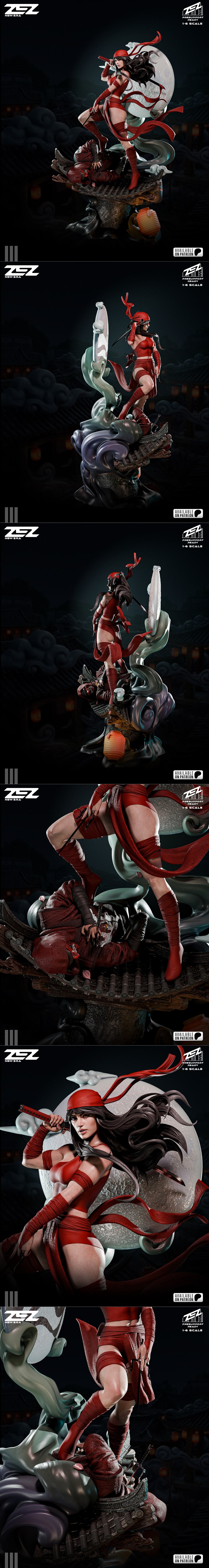 ZEZ Studio Elektra 3D model, 1:6 scale, in red costume with bandana and sai, standing over a defeated ninja on a moon...