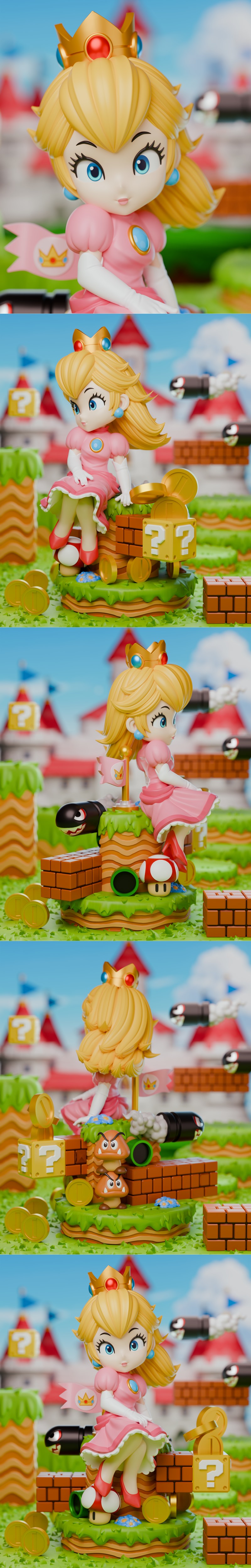 Chibi Princess Peach figure in pink dress and crown, sitting on a mushroom and brick platform with Super Mario game e...