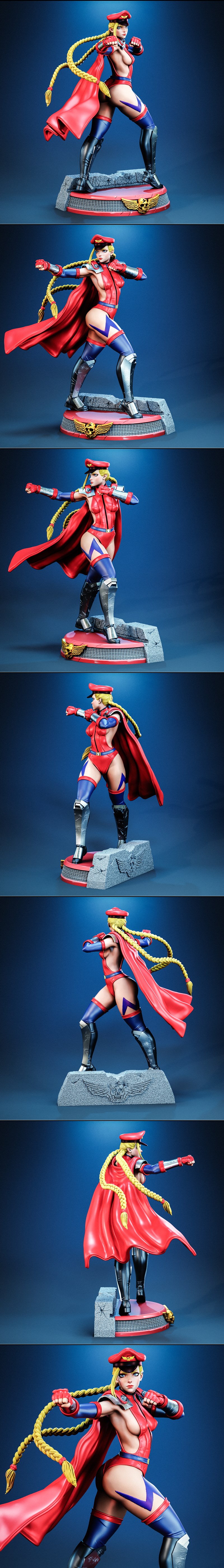 Cammy 3D model figure in combat stance, wearing red military uniform with blue accents, red cape, blonde braids, and...