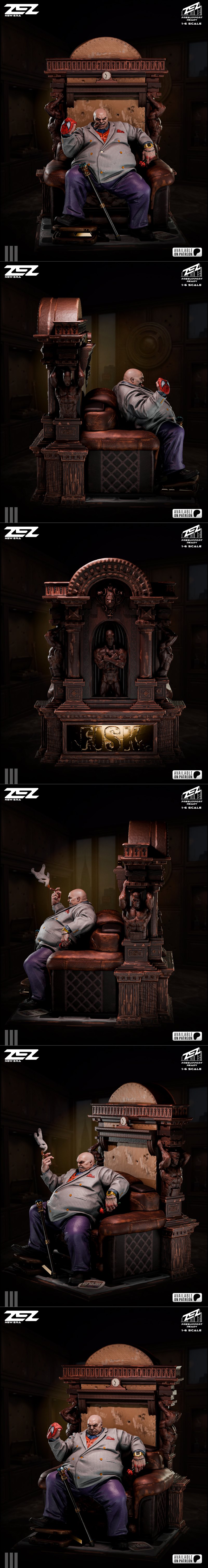ZEZ Studio 1:6 scale 3D model of Kingpin sitting on an ornate throne, holding a cigar and a rose, wearing a pinstripe...