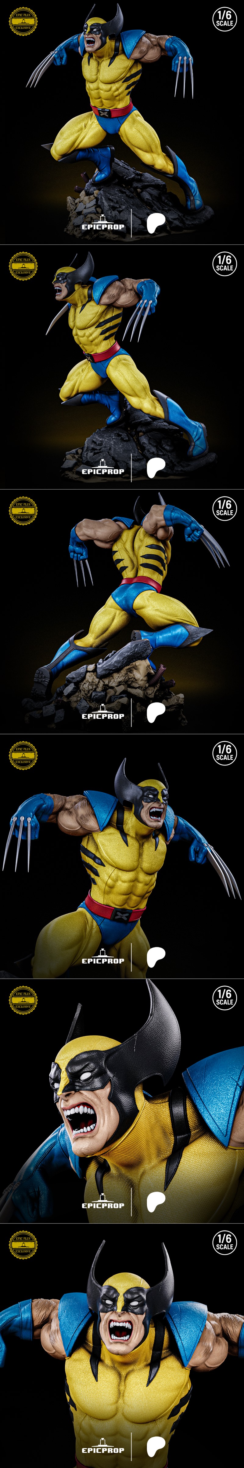 Wolverine in a crouching, roaring pose with adamantium claws extended, wearing his classic yellow suit with blue acce...