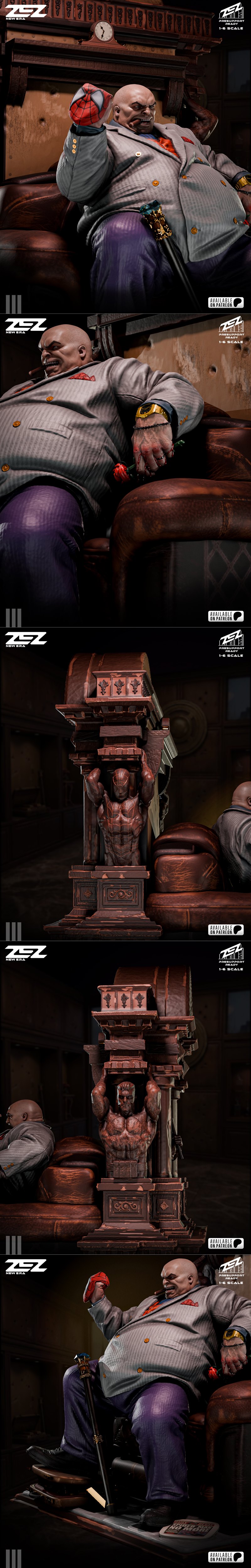 ZEZ Studio 1:6 scale 3D model of Kingpin sitting on an ornate throne, holding a cigar and a rose, wearing a pinstripe...