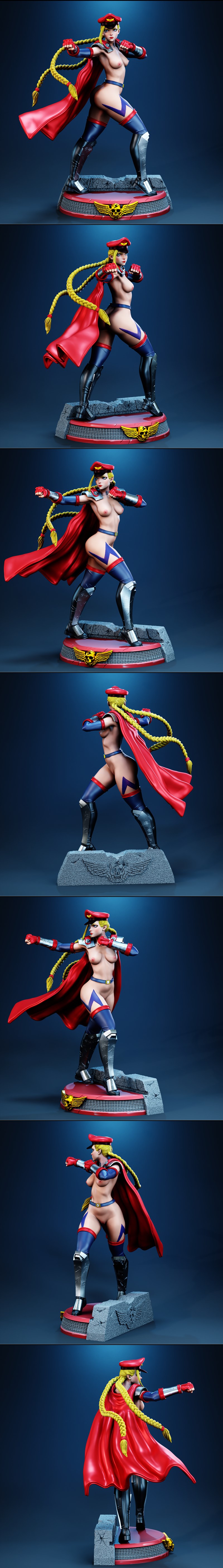 Cammy 3D model figure in combat stance, wearing red military uniform with blue accents, red cape, blonde braids, and...