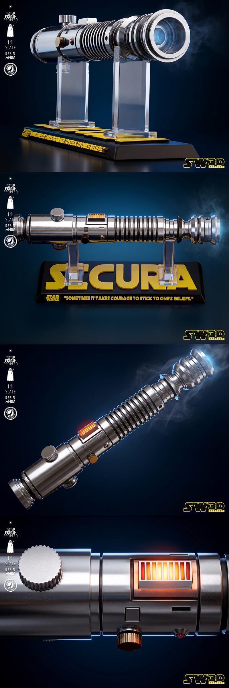 1:1 scale replica of Aayla Secura's lightsaber from Star Wars, displayed on a stand with "Star Wars" logo a...