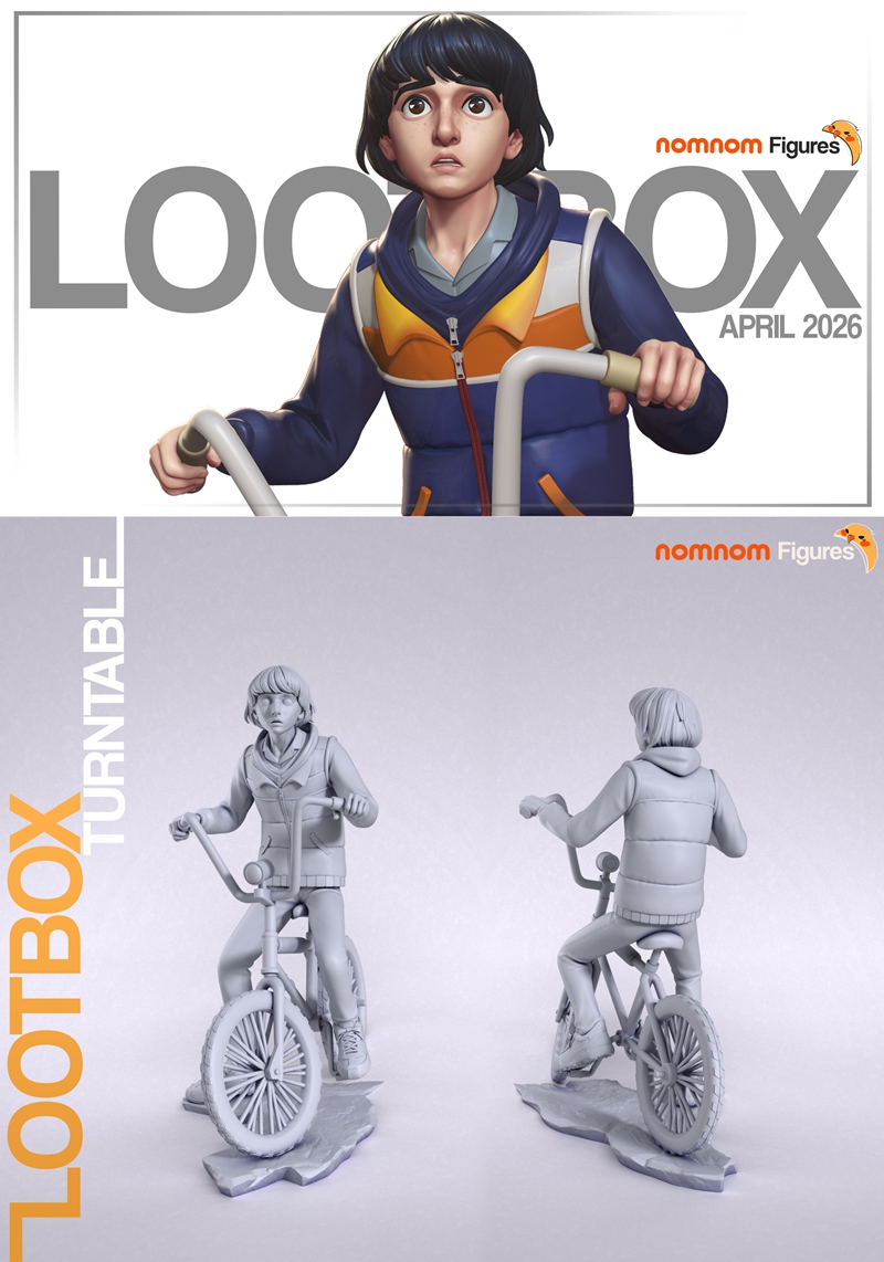 Mike Wheeler from Stranger Things riding a bicycle, wearing a blue puffer jacket and blue jeans. Nomnom Figures 3D mo...