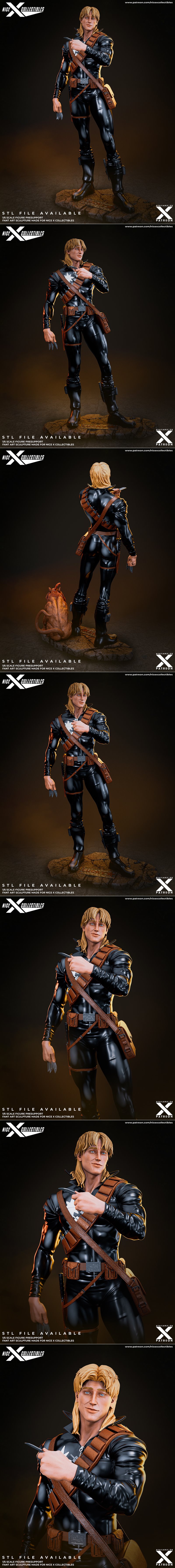 1:6 scale 3D model of Marvel's Longshot in a black leather suit, holding throwing knives, with a small creature at hi...